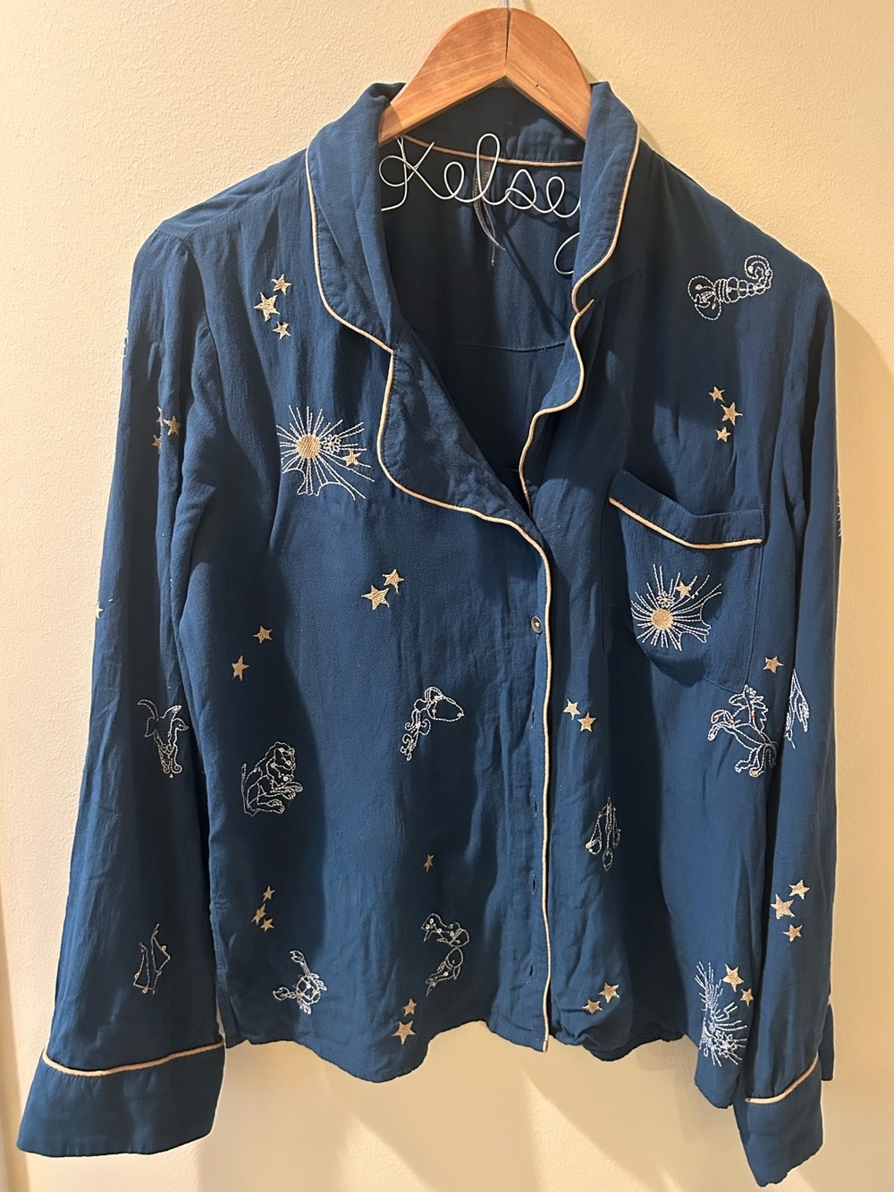 Anthropologie Navy Button-Down with Zodiac Gold Embroidery 100% Viscose Size S